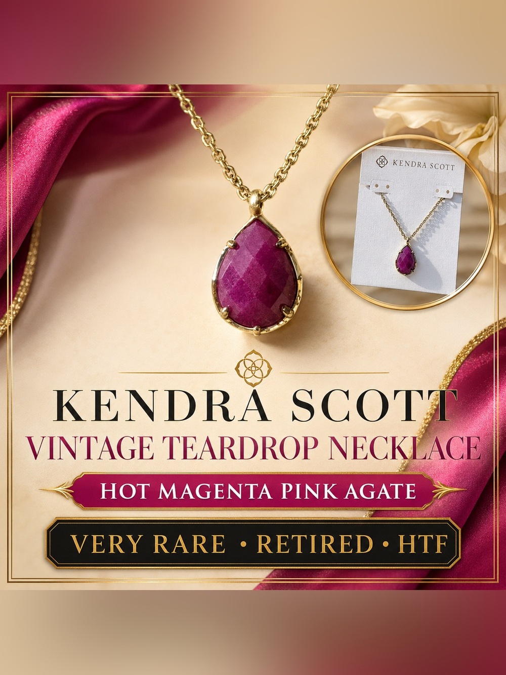 RARE Kendra Scott Kiri Necklace Hot Magenta Pink Agate Gold Vintage HTF